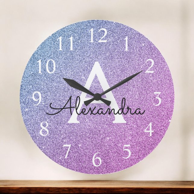 Pink and Purple Sparkle Glitter Monogram Name Large Clock (Creator Uploaded)