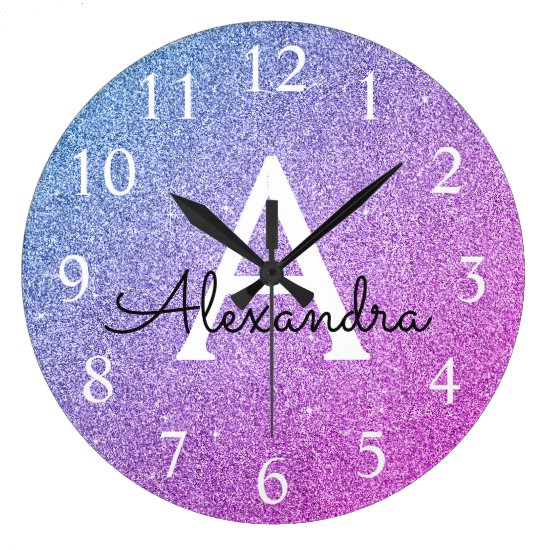 Pink and Purple Sparkle Glitter Monogram Name Large Clock