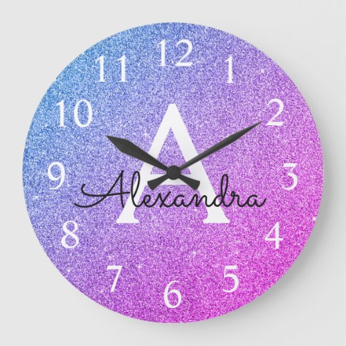 Pink and Purple Sparkle Glitter Monogram Name Large Clock