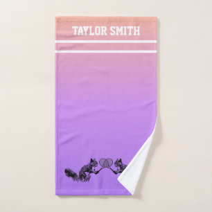 Pink and Purple Squirrel Tennis Player with Text Hand Towel