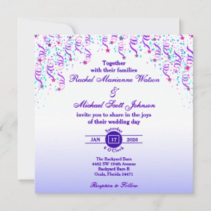 Pink and Purple Stars and Streamers Wedding Invitation