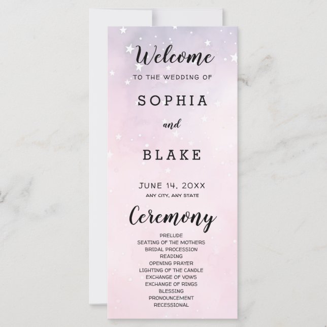 Pink and Purple Stars Celestial Wedding Program (Front)