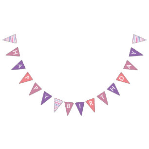 Pink and Purple Striped Happy Birthday Banner Flag