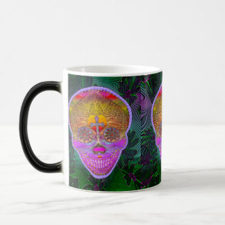 Pink and Purple Sugar Skull with Cross and Flowers Color Morph Mug