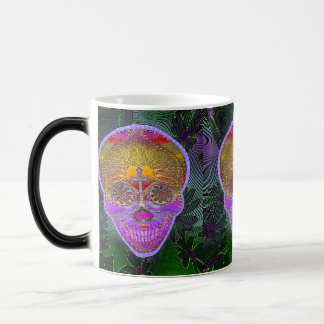 Pink and Purple Sugar Skull with Cross and Flowers Color Morph Mug (Left)