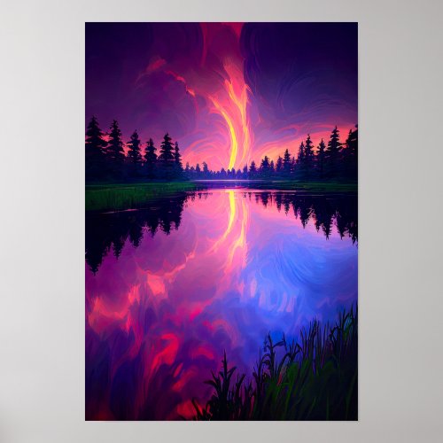 Pink and Purple Sunset Embracing the Lake Poster