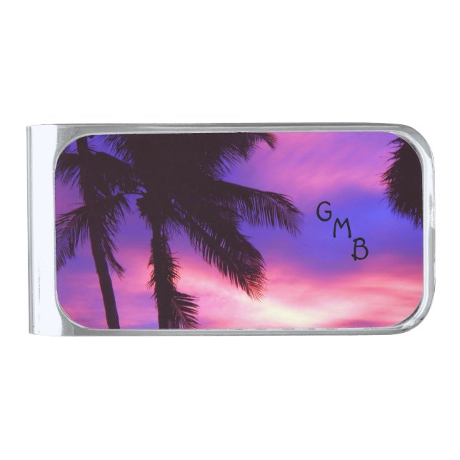 Pink and Purple Sunset Palm Trees Silver Finish Money Clip (Front)
