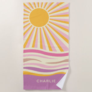 Pink and Purple Sunset Waves Beach Towel