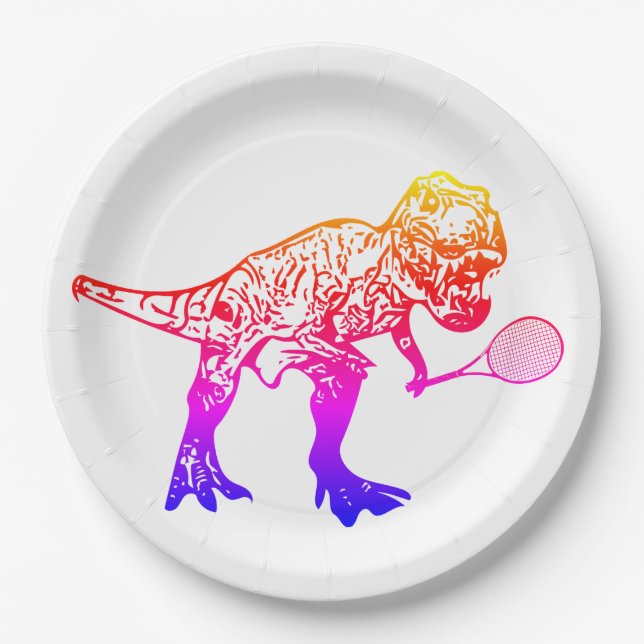 Pink and Purple T-Rex Dinosaur Tennis Player Paper Plates (Front)