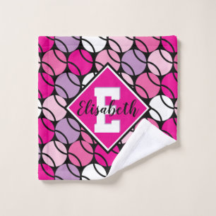 Pink and purple tennis balls, with name & initial  wash cloth