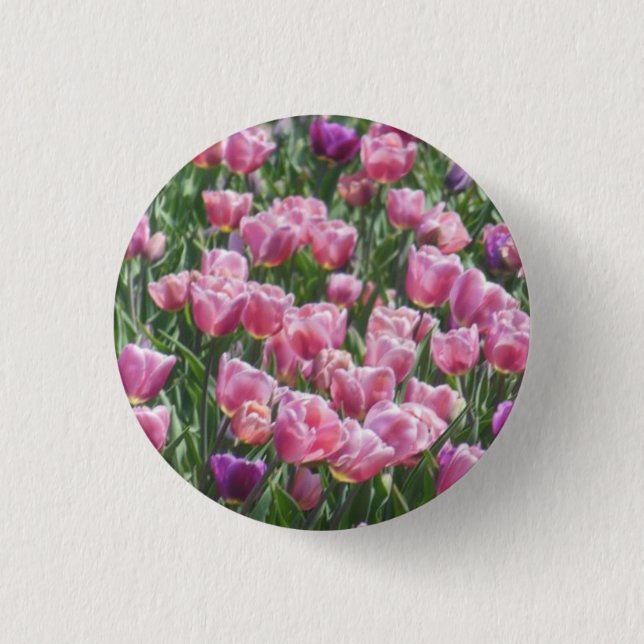 Pink and Purple Tulip Garden Pinback Button (Front)
