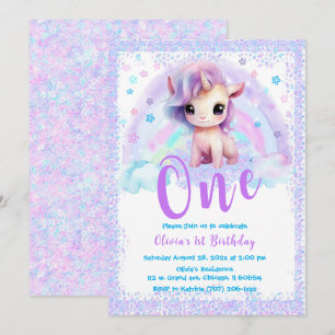 Pink and Purple Unicorn 1st birthday  Invitation