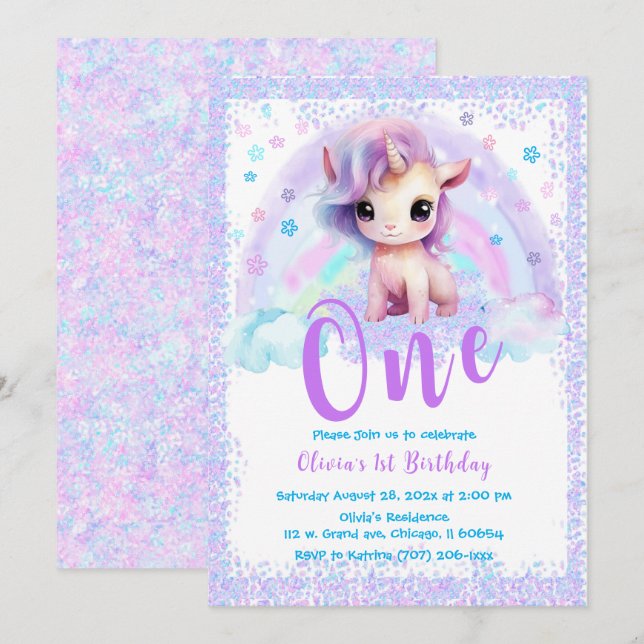 Pink and Purple Unicorn 1st birthday  Invitation (Front/Back)