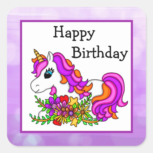 Pink and Purple Unicorn and Flowers Birthday Square Sticker (Front)