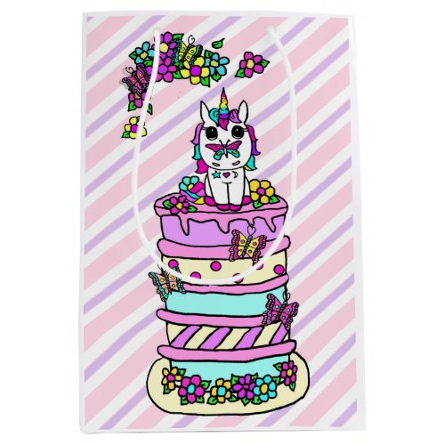 Pink and Purple Unicorn on a Birthday Cake Medium Gift Bag