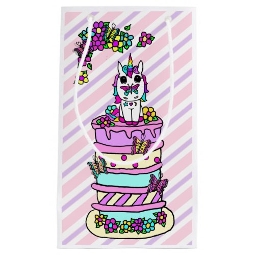 Pink and Purple Unicorn on a Birthday Cake Small Gift Bag