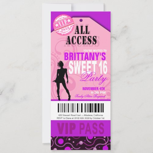 Pink and Purple VIP Sweet 16 Ticket Party Invitation