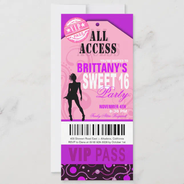 Pink and Purple VIP Sweet 16 Ticket Party Invitation | Zazzle