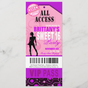 Pink and Purple VIP Sweet 16 Ticket Party Invitation