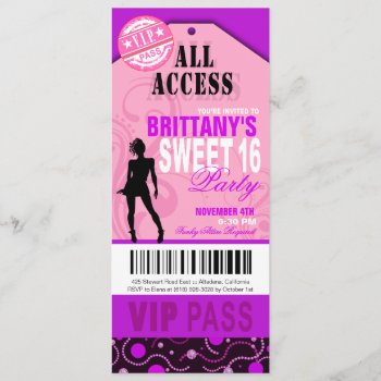 Pink And Purple Vip Sweet 16 Ticket Party Invitation by Special_Occasions at Zazzle