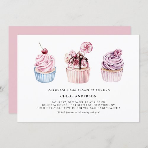 Pink and Purple Watercolor Cupcakes Baby Shower Invitation
