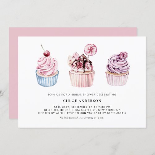 Pink and Purple Watercolor Cupcakes Bridal Shower Invitation