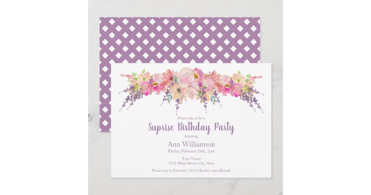 Pink and Purple Watercolor Floral Birthday Invitation | Zazzle