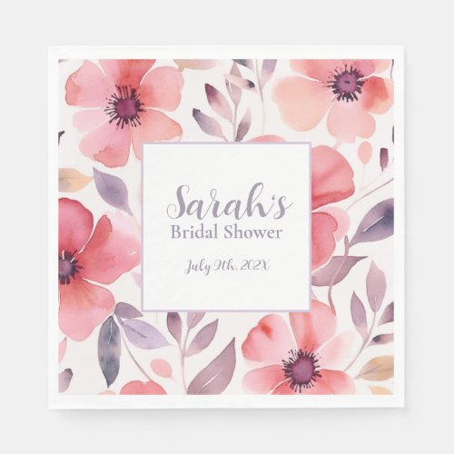 Pink and Purple Watercolor Floral Bridal Shower Napkins
