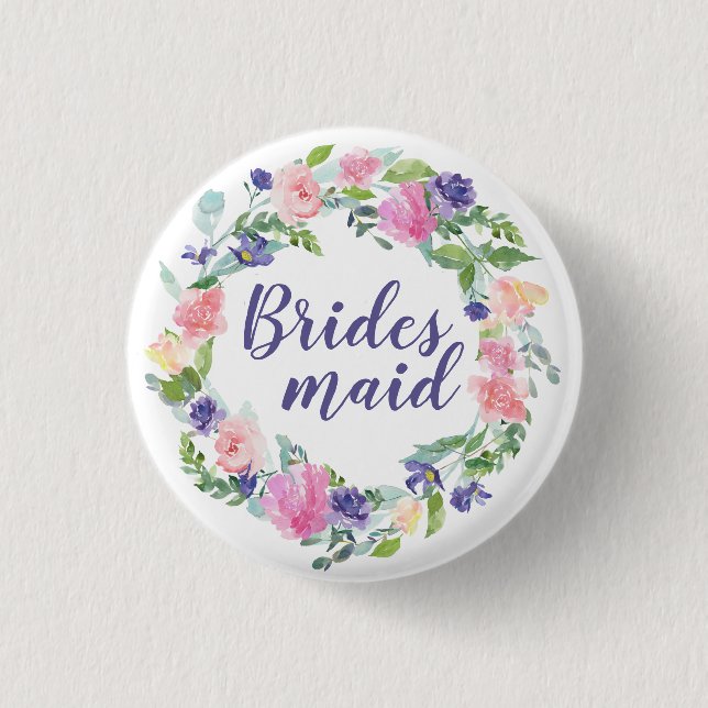 Pink and Purple Watercolor Floral  Bridesmaid Button (Front)