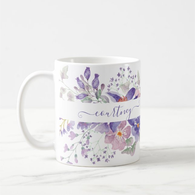 Pink and purple watercolor floral personalized coffee mug (Left)