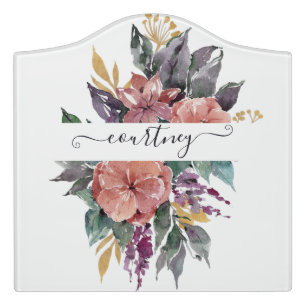 Pink and purple watercolor floral personalized door sign