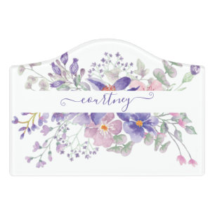 Pink and purple watercolor floral personalized door sign