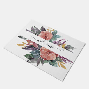 Pink and purple watercolor floral personalized doormat