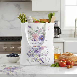 Pink and purple watercolor floral personalized grocery bag
