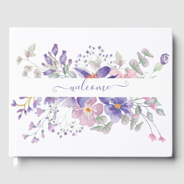 Pink and purple watercolor floral personalized guest book (Front)