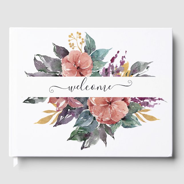 Pink and purple watercolor floral personalized  guest book (Front)