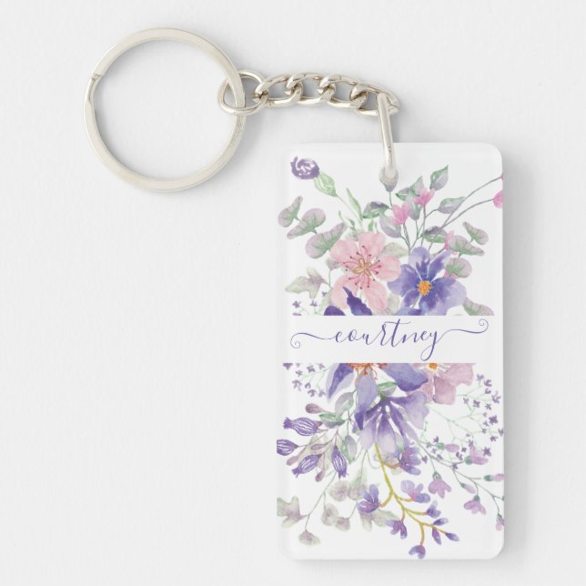 Pink and purple watercolor floral personalized  keychain (Front)