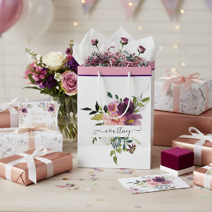 Pink and purple watercolor floral personalized medium gift bag