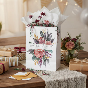 Pink and purple watercolor floral personalized medium gift bag