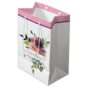 Pink and purple watercolor floral personalized medium gift bag