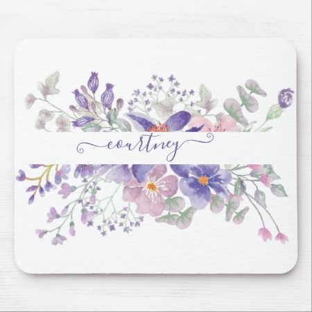Pink And Purple Watercolor Floral Personalized   Mouse Pad
