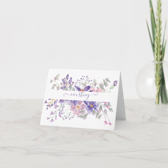 Pink and purple watercolor floral personalized  note card (Front)