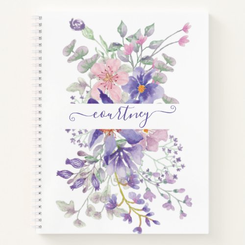 Pink and purple watercolor floral personalized   notebook