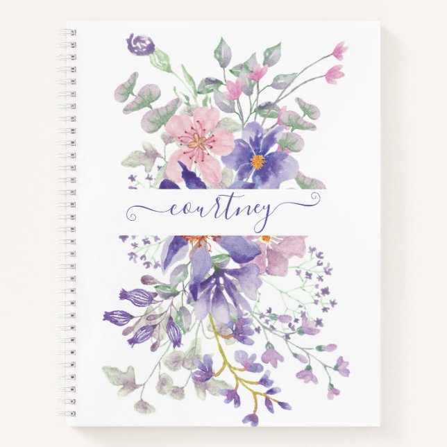 Pink and purple watercolor floral personalized   notebook (Front)