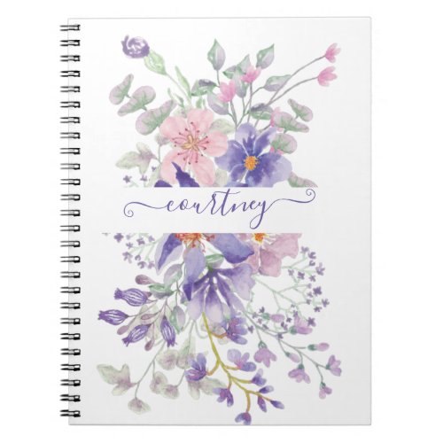 Pink and purple watercolor floral personalized notebook