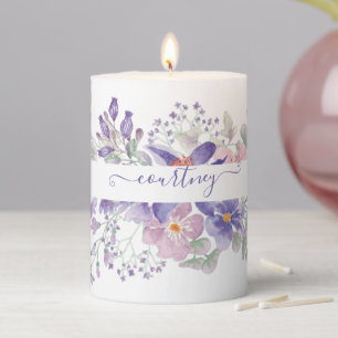Pink and purple watercolor floral personalized pillar candle