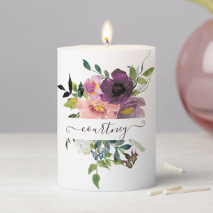 Pink and purple watercolor floral personalized pillar candle