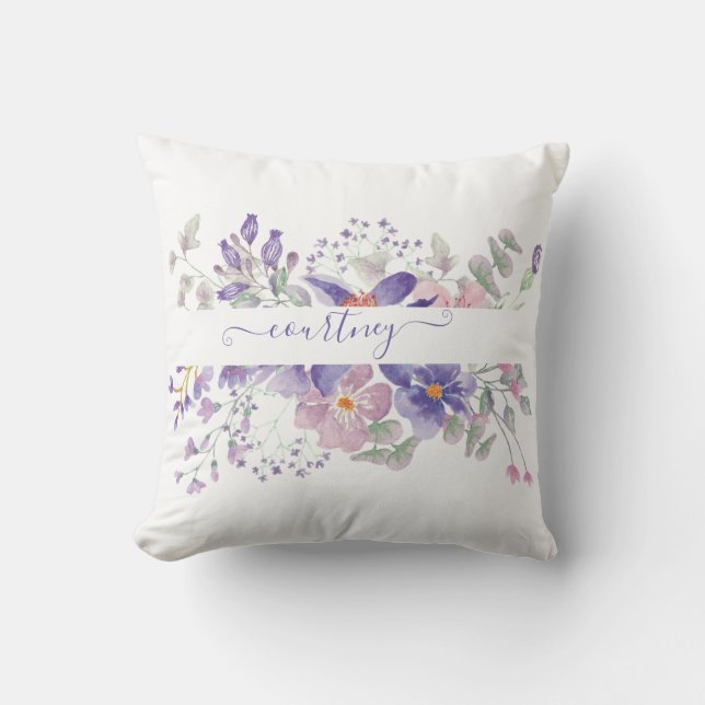 Pink and purple watercolor floral personalized  throw pillow (Front)
