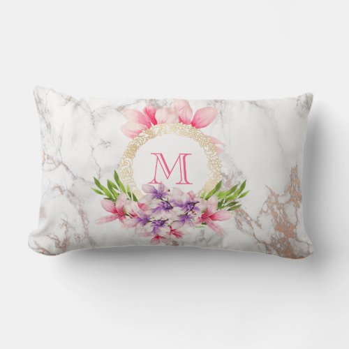 Pink and Purple Watercolor Flowers Monogram Lumbar Pillow