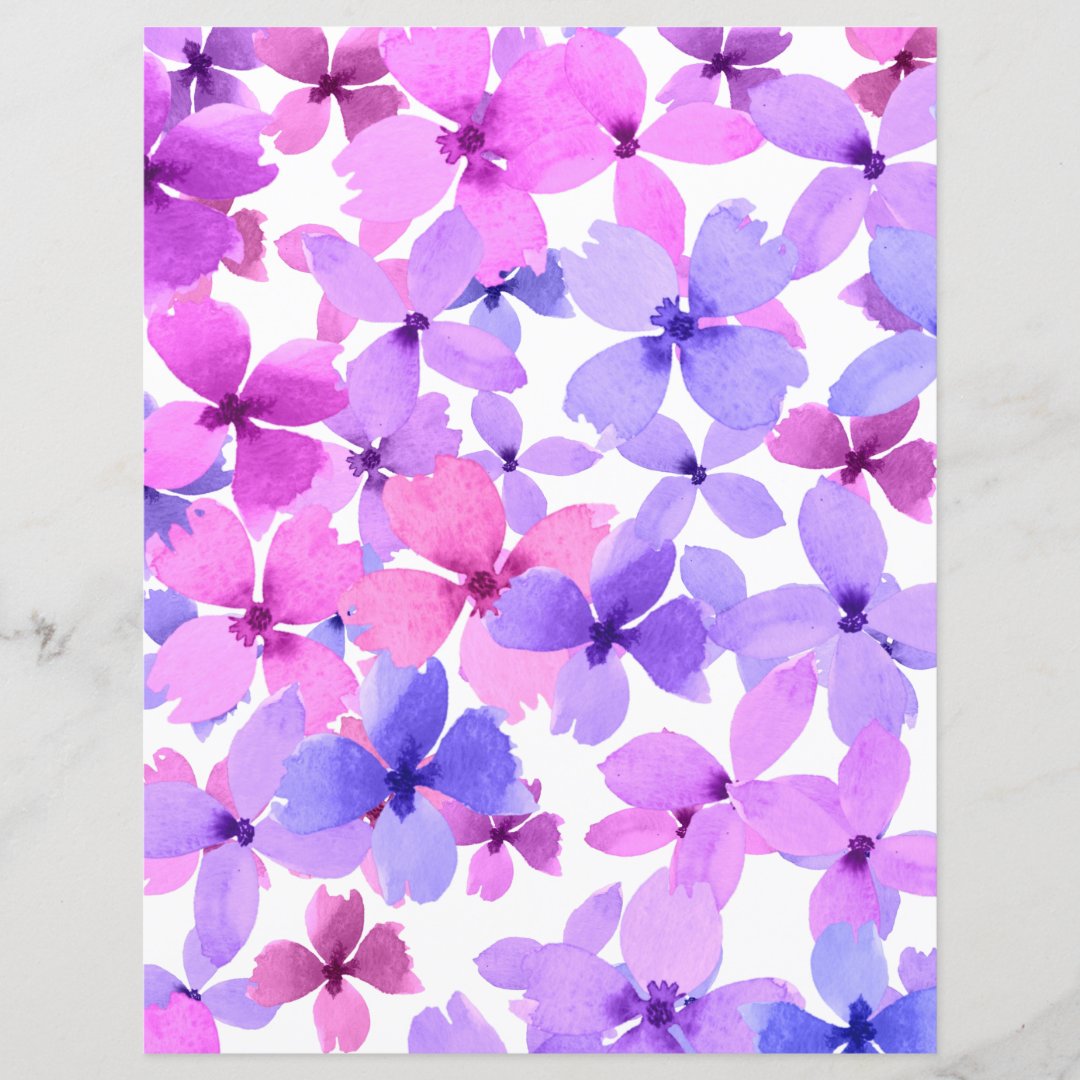 Pink and Purple Watercolor Flowers Scrapbook Paper | Zazzle